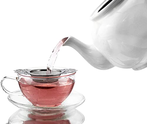 SOLSTICE TEA TRADERS Empress Tea Strainers with Drip Bowls (Pack of 2) Elegant Stainless Steel Loose Leaf Tea Strainers