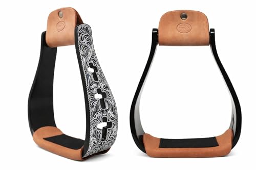 CHALLENGER Western Show Horse Saddle Stirrups Aluminum Leather Tread Cross Engraved 5145v - color: Black with genuine Leather Tread