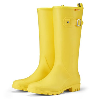 HISEA Women Rain Boots Slim Calf Tall Waterproof Tight PVC Rubber Rainboots - color: Yellow-slim Calf, size: 7