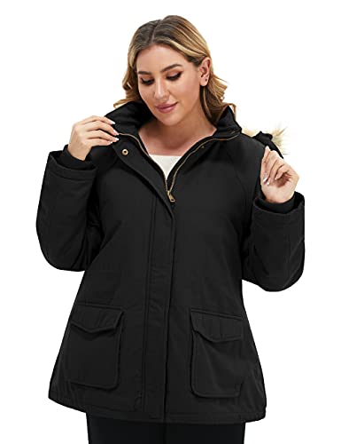Soularge Women's Winter Plus Size Sherpa Lined Jacket with Hood | Women's Plus Size Workwear Fit,100% Cotton Outer Shell,Soft Fleece Lining,Windproof Stand Collar - color: Black, size: 6X