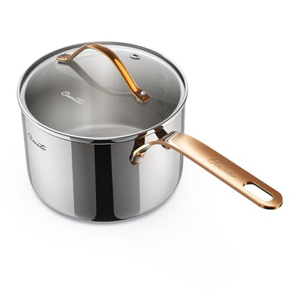 Ciwete 3 Quart Sauce Pan with Lid, Upgraded Tri-Ply Stainless Steel Saucepan with Mirror Polishing and 2 Scales, Induction Ready Cooking Pot with Stay-Cool Brass Handle, Dishwasher & Oven Safe - size: 3 Quart (with brass handle)