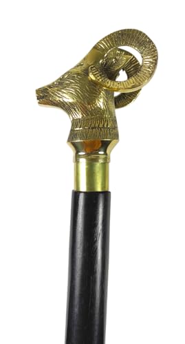 Handcrafted Solid Brown Wooden Walking Stick with Brass Golden Wild Sheep Head Handle Foldable Durable Walking Cane for Seniors & Adults