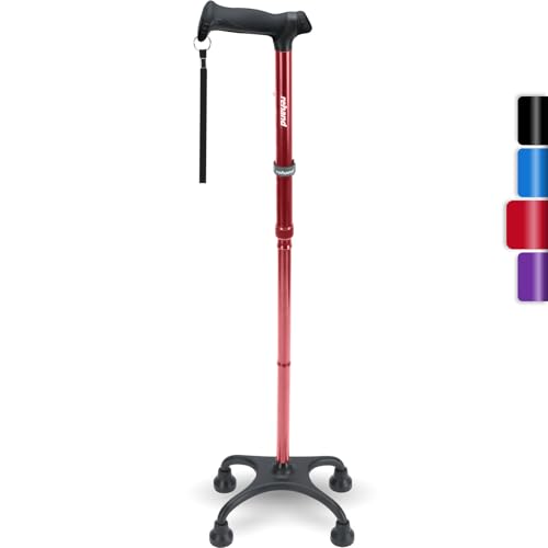 Rehand Quad Cane, Walking Cane with Ergonomic Handle Ever and Graceful 4-Pronged Base for Extra Stability, Adjustable Walking Sticks for Right or Left Handed Men & Women and Seniors - color: Red