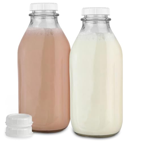 Stock Your Home Liter Glass Milk Bottles (2 Pack) - 32-Oz Milk Jars with Lids - Food Grade Glass Bottles - Dishwasher Safe - Bottles for Milk, Buttermilk, Honey, Maple Syrup, Jam, BBQ Sauce - size: 32oz, style: 2 Pack