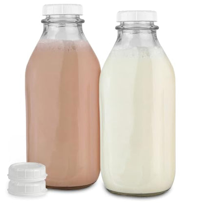 Stock Your Home Liter Glass Milk Bottles (2 Pack) - 32-Oz Milk Jars with Lids - Food Grade Glass Bottles - Dishwasher Safe - Bottles for Milk, Buttermilk, Honey, Maple Syrup, Jam, BBQ Sauce - size: 32oz, style: 2 Pack