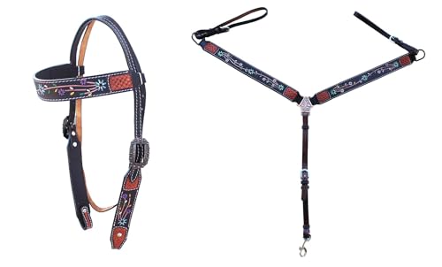 CHALLENGER Horse Western Leather Tooled Headstall Bridle Breast Collar Tack Set 78HRBrowbandSet - color: Brown Flower