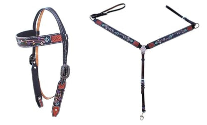 CHALLENGER Horse Western Leather Tooled Headstall Bridle Breast Collar Tack Set 78HRBrowbandSet - color: Brown Flower