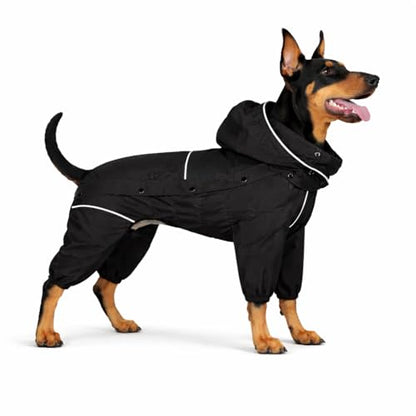 LOVELONGLONG Fleece-Lined Dog Raincoat with Removable Hood – Waterproof Winter Full Body Dog Jacket – Windproof Snowproof Cold-Weather Suit – Black-F 4XL - color: Black-Fleeced, size: 4XL (Back 23.5")