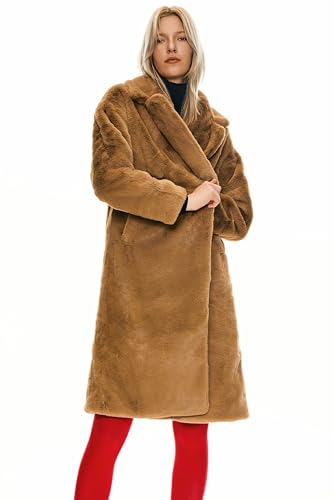 Orolay Women's Fuzzy Fleece Winter Jacket Faux Fur Lapel Coat Mid-Length Sherpa Teddy Coat - color: Khaki, size: X-Small