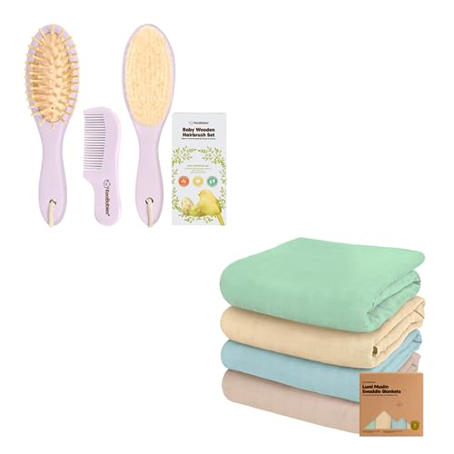 KeaBabies Baby Hair Brush and Comb Set and 4-Pack Muslin Swaddle Blankets for Baby Boys, Girls - Wooden Kids Hairbrush with Soft Goat Bristle, Blankets for Girl, Boy