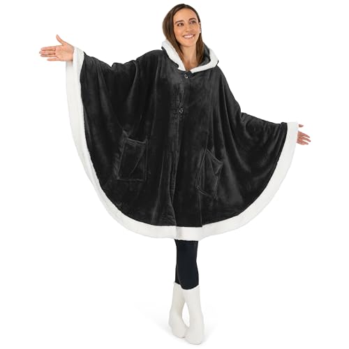 PAVILIA Hooded Blanket Poncho for Women, Fleece Wearable Shawl Wrap, Black | Fleece Shawl Wrap with Hood, Adult Wearable Blanket, Cozy Warm Poncho Cape Throw with Pockets, Gift for Elderly Mom - color: Black