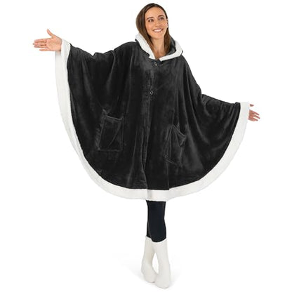 PAVILIA Hooded Blanket Poncho for Women, Fleece Wearable Shawl Wrap, Black | Fleece Shawl Wrap with Hood, Adult Wearable Blanket, Cozy Warm Poncho Cape Throw with Pockets, Gift for Elderly Mom - color: Black
