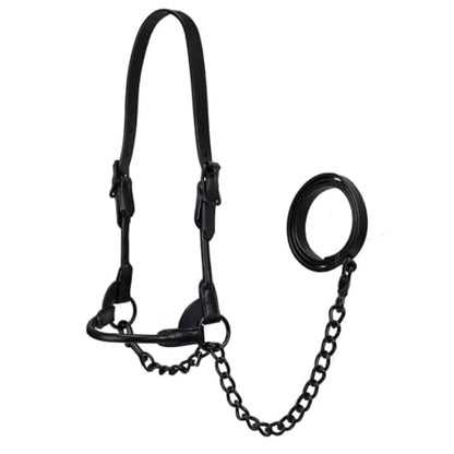 Derby Originals Black Midnight All Black Premium Round Rolled Leather Cattle Show Halter with Matching Chain Lead - size: Small (350-700lbs)