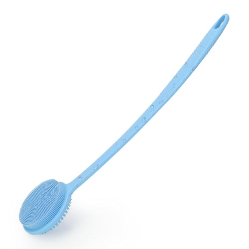 Silicone Back Scrubber for Shower, 17in Lengthen Long Handle Body Brush, Double Sided Shower Brush for Shower Exfoliating and Massage Can Produce Rich Foam, Long Handle Back Scrubber for Men - color: Blue