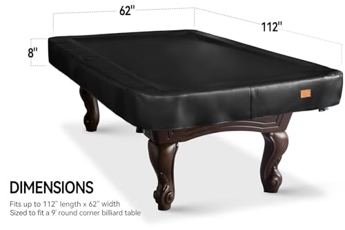 Heavy Duty Leatherette Billiard Pool Table Cover, Waterproof & Tearproof Cover for Pool Table 7/8/9FT (Black/Faux Lambskin, 9FT-(112"LX 62"WX 8“H))