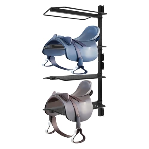 Saddle Rack 4 Tier Wall Mounted, Heavy Duty Saddle Storage Rack for Tack Room Barn Stable, Metal Horse Saddle Holder with Bridle Hooks, Western English Saddle Stand Organizer