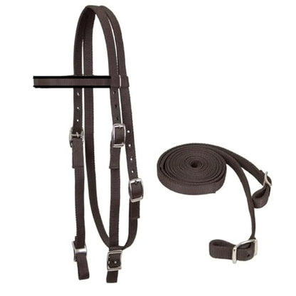 Tahoe Tack Plain Double Layer Nylon Headstall with Reins - color: Brown, size: Full