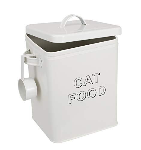 Pethiy Cat Food and Treats Containers Set with Scoop for Cats or Dogs -Tight Fitting Wood Lids - Coated Carbon Steel - Storage Canister Tins-Cat-White - color: White(CAT FOOD)