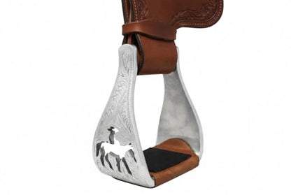 CHALLENGER Horse Saddle Western Aluminium Bell Engraved Cut-Out Stirrups 51146