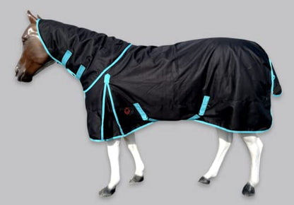 Horse RAIN Sheet with Neck Cover | 1200Denier Horse Rainsheet with Hood | Horse Turnout Sheet With Neck |Horse Rainsheet Combo (Waterproof | Breathable) (Black-with-Turquoise-Trim, 76) - size: 76