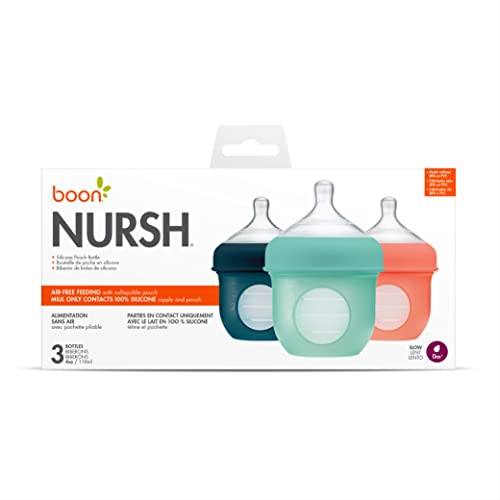 Boon Nursh Reusable Silicone Pouch Baby Bottles - Slow Flow Nipple - Silicone Baby Bottle Pouch and Nipple - Baby Feeding Essentials - Mint - 0-3 Months - 3 Count - 4 Ounce - color: Mint, size: 4 Ounce (3 Count)