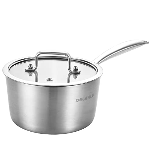 DELARLO Full-body Clad Tri-Ply Stainless Steel 3 Quart Saucepan with Lid - color: Silver, size: 3QT