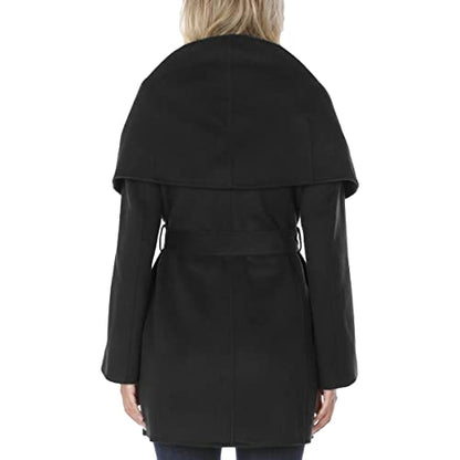 TAHARI Womens Double-faced Luxury Soft Wool Blend Peacoat Removable Belt Wool Coat Oversized Collar - color: Black, size: X-Small