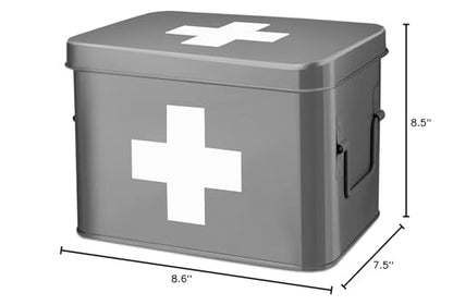 Flexzion Large Metal First Aid Box Empty, 8.5-Inch, Gray with White Cross - color: Gray, size: 8.5 Inch without Latch Lock