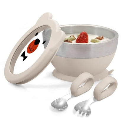 MR. CHOU Baby Suction Bowl Set with Spoon & Fork, Insulated Double-Layer 18/8 Stainless Steel Toddler Bowls with Silicone Suction Cup & BPA Free Airtight Lids, Beige - color: Beige-S