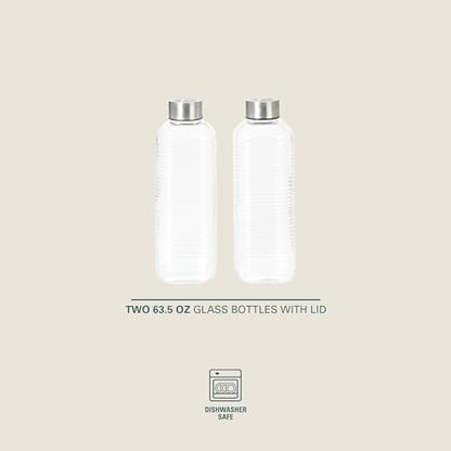 Gibson Home Whistler Peak 2 Pack 64 OZ (1.9 Liters) Large Embossed Reusable Glass Bottles w/Airtight Leakproof Stainless Steel Lid, Pitcher for Water, Milk, Juice - Dishwasher Safe - color: Whistler Peak (64oz), size: 64 Ounces
