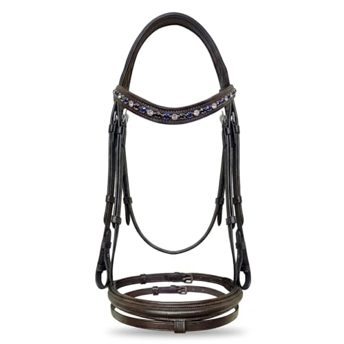 Equine Care English Horse Bridle with Reins, Padded, 6 Browband Styles - color: Havana Brown with Blue & Clear
