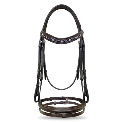 Equine Care English Horse Bridle with Reins, Padded, 6 Browband Styles - color: Havana Brown with Blue & Clear