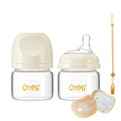 COMI Natural Glass Baby Bottles for Breastfeeding Babies,Newborn Anti-Colic Baby Bottle Set with Slow Flow Nipple,0-3 Months,BPA-Free,4 oz,2 Pack - style: 4 oz(2 Pack with Pacifier)