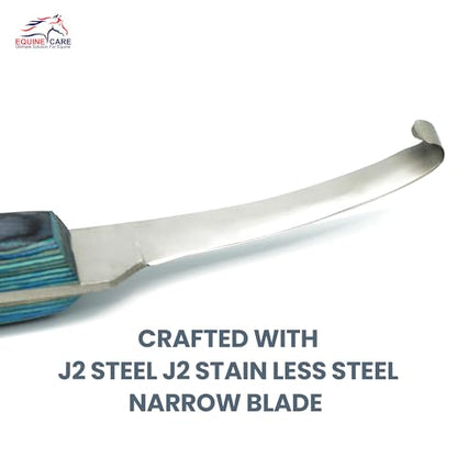 Equine Care Left-Handed Narrow Farrier Hoof Knife, Horses, Ponies, Minis | Narrow hoof knife for detail trimming; J2 stainless steel blade; smooth blue layered handle; right- or left-handed - style: Left-Handed