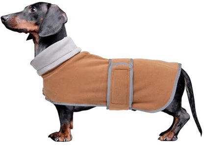 Dachshund Coats Sausage Dog Fleece Coat in Winter Miniature Dachshund Clothes with Hook and Loop Closure high vis Reflective Stripe Safety Brown S - color: Brown, size: Small(Back: 14"-15"in)