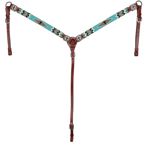 Showman Leather Headstall and Breast Collar Set with Teal, Gold & Black Beaded Overlay w Cross