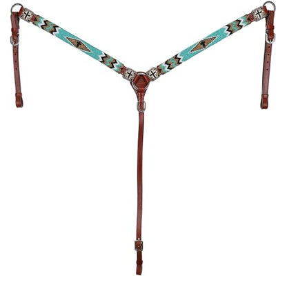 Showman Leather Headstall and Breast Collar Set with Teal, Gold & Black Beaded Overlay w Cross