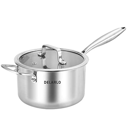 DELARLO Full-body Clad Tri-ply Stainless Steel 3.5 Quart Saucepan with Lid - color: Silver, size: 3.5 Quarts