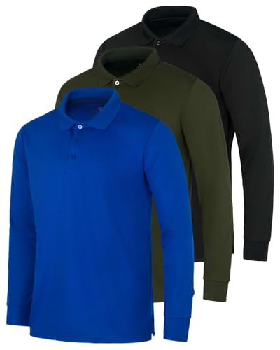 3 Pack Mens Long Sleeve Polo Shirts Dry Fit Golf Work Casual Collared Tops - color: Set 7, size: Small