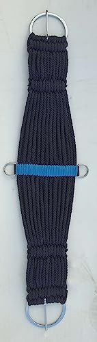 Horse Western 25 Strand Double Weave Mohair Roper Girth- Breathable Saddle Girth with Stainless Steel Buckles - color: black with navy blue