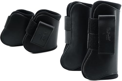 Jeereal Horse Tendon Brushing Boots Open Front & Fetlock Boot | Protective Gear and Training Equipment |Neoprene,Breathable Waterproof Fabric and Genuine Leather | 4 Set - color: Black, size: Cob (Medium)