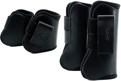Jeereal Horse Tendon Brushing Boots Open Front & Fetlock Boot | Protective Gear and Training Equipment |Neoprene,Breathable Waterproof Fabric and Genuine Leather | 4 Set - color: Black, size: Cob (Medium)