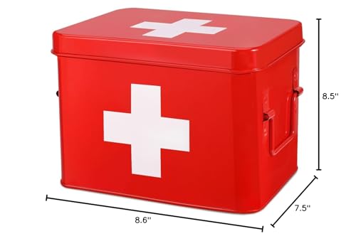 Flexzion Large Metal First Aid Box Empty, 8.5-Inch, Red with White Cross - color: Red, size: 8.5 Inch without Latch Lock