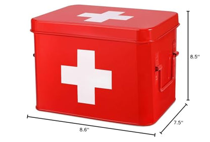 Flexzion Large Metal First Aid Box Empty, 8.5-Inch, Red with White Cross - color: Red, size: 8.5 Inch without Latch Lock