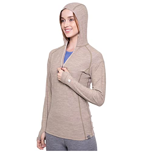 MERIWOOL Women’s Base Layer Hoodie Lightweight Merino Wool Long Sleeve Thermal - color: Khaki, size: Medium