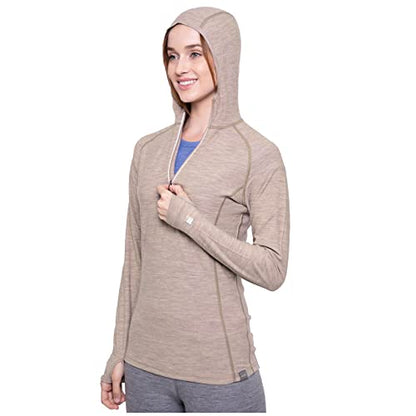 MERIWOOL Women’s Base Layer Hoodie Lightweight Merino Wool Long Sleeve Thermal - color: Khaki, size: Large