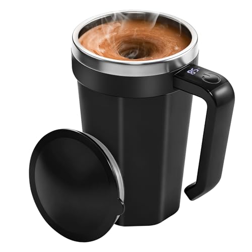 Self Stirring Coffee Mug with Temperature Display, 18 oz Rechargeable Self Stirring Mug with Lid, Automatic Self Stirring Cup, Coffee Mug with Stainless Steel for Coffee, Milk, Beverages, Black - color: Black