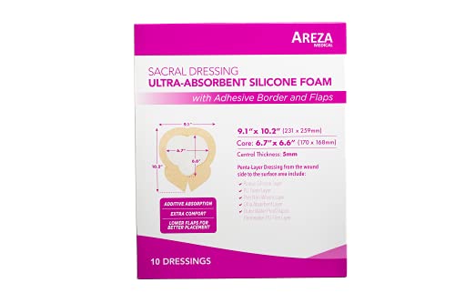 Areza Medical - Silicone Foam with Super-Absorbent Layer - Wound Dressing - Waterproof - with Adhesive Border - Sterile - Designed for Sacral Wounds - 9.1" x 10.2" - 10 PCS per Box - size: 9.1" x 10.2", 10 PCS