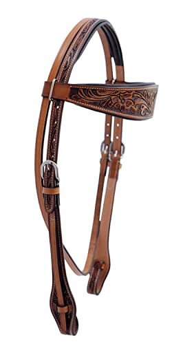 Majestic Ally Horse Headstall, Natural, Super Leather, Antique, Tooling, Quick Bit Change Padded Western Browband Headstall - color: Natural
