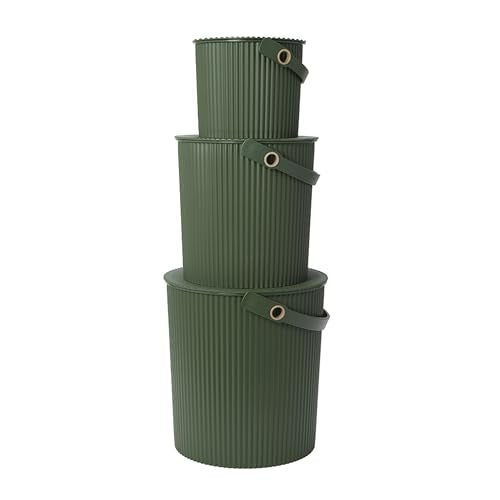 Hachiman Bucket Set of 3 Mini, Large, & Extra Large | Heavy Duty Buckets with Lid and Handle, Hands-Free Filling, Easy to Stack and Store, Indoor Outdoor Use, Garden Green - color: Garden Green, size: Set of 3